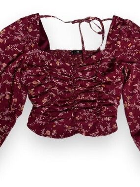 mine Burgundy Floral Ruched Square-Neck Crop Top